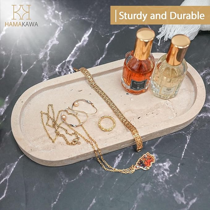 HAMAKAWA Bathroom Vanity Tray, Natural Marble Oval Sink Tray 10 inch, Beige Travertine Vanity Tray for Soap Dispenser Modern Countertop Organizer for Kitchen Countertops, Home Decor