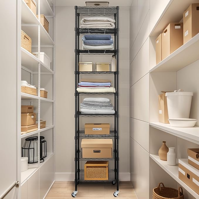 Finnhomy Heavy Duty 9 Tier Wire Shelving with Wheels 18x18x79-inches 9 Shelves Metal Storage Rack Thicken Steel Tube, Pantry Shelves for Storage, Adjustable Shelving Unit, NSF Certified, Black