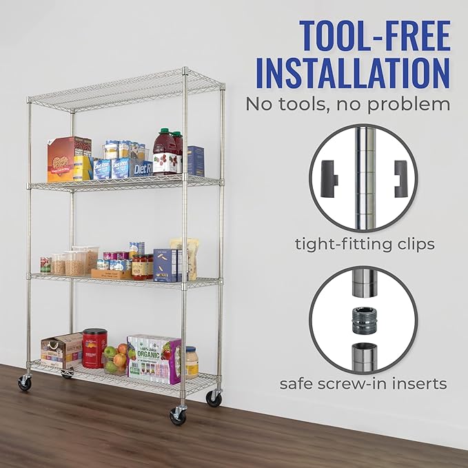 SafeRacks - NSF Certified Storage Shelves, Zinc, Heavy Duty Steel Wire Unit with Wheels and Adjustable Feet, Garage or Bakers Rack, Kitchen, Pantry Shelf - (18"x48"x72" 4-Tier) (Silver)