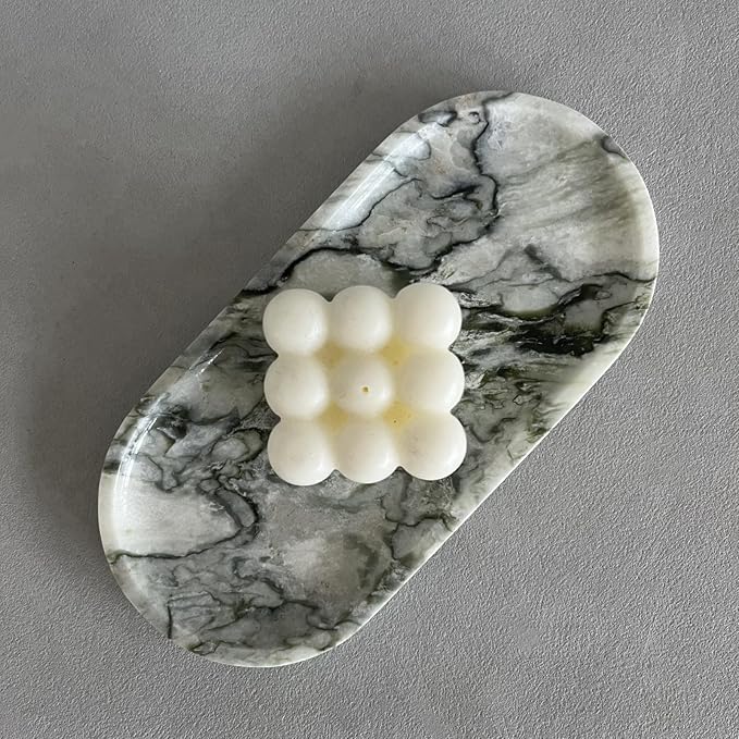SAIDKOCC Natural Marble Oval Tray Ornaments Vintage Small Tray Storage Dish for Counter, Vanity, Dresser, Nightstand and Desk (Green Emerald)