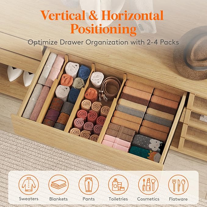 Lifewit 6 Pack 5" Deep Bamboo Drawer Dividers, 13-16.5" Expandable Drawer Organizers for Clothes, Adjustable Dresser Drawer Divider, Clothing Drawer Separators for Dresser, Bedroom, Bathroom, Kitchen
