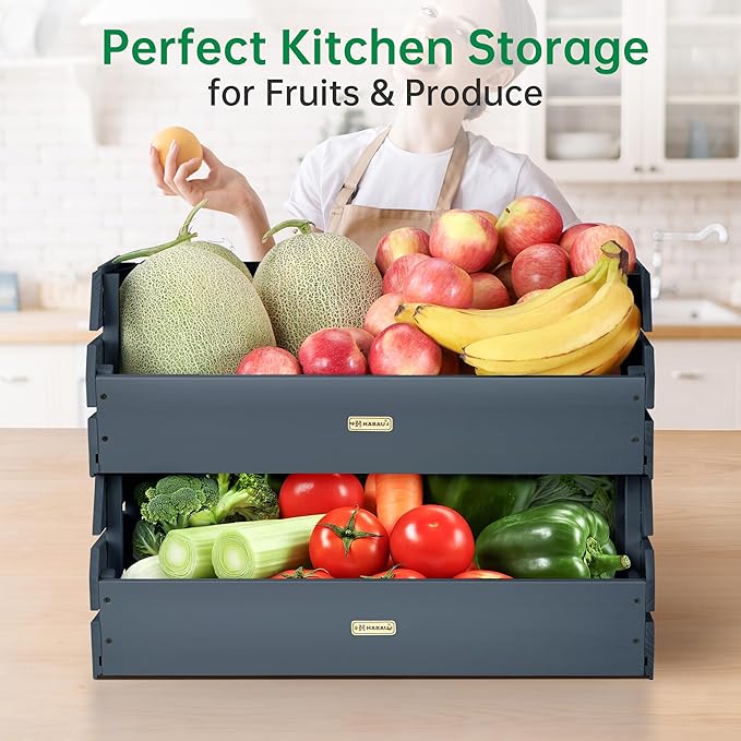 HABAU Potato Onion Storage Bin - Wood Stackable Produce Basket with Handles - Fruit and Vegetable Storage for Kitchen and Pantry Counter Organization - 2 Pack