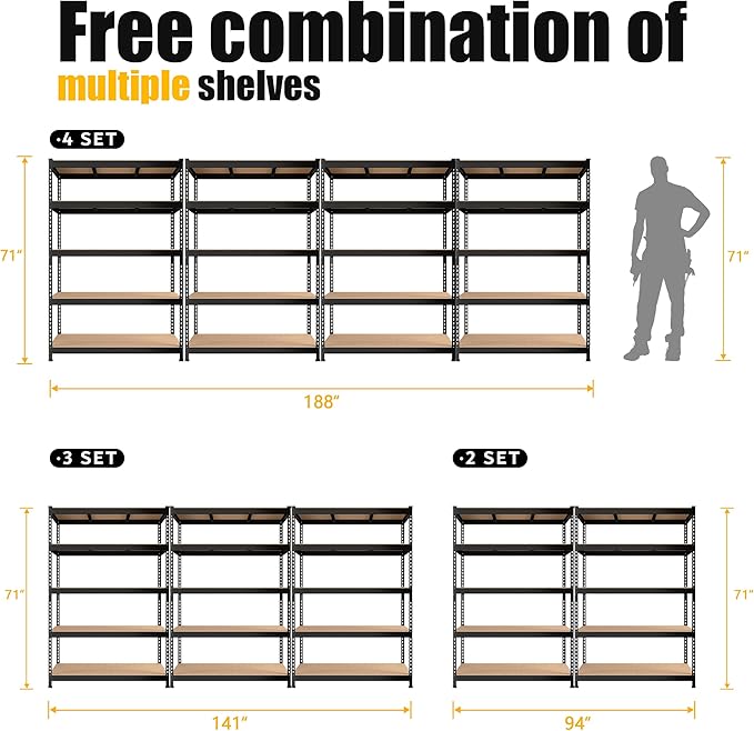 PrimeZone 4 Pack Heavy Duty Storage Shelves - 47"W x 18"D x 71"H 5 Tier Adjustable Garage Storage Shelving, Metal Utility Rack Organizer Shelf Unit for Warehouse Pantry Closet Kitchen Basement, Black