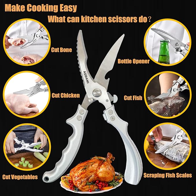 AUDAMI 2-Piece Kitchen Shears Set, Heavy Duty Professional Poultry Meat Scissors,Multi-Purpose Stainless Steel, Dishwasher Safe