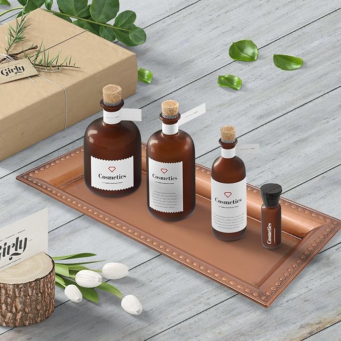 Leemxiiny 2 Pack Bronze Bathroom Vanity Tray for Countertop with Beads, Small Plastic Toilet Tank Versatile Storage Organization Tray for Makeup, Perfume, Desk, Kitchen, Candles, 14"x7"x1", 36GT
