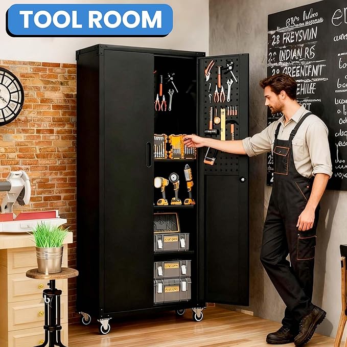 BIZOEIRON Garage Metal Storage Cabinet with Pegboard, 71'' Tall Storage Cabinet with Adjustable Shelves and Doors, Rolling Tool Cabinet on Wheels for Garage, Utility Room (Black)