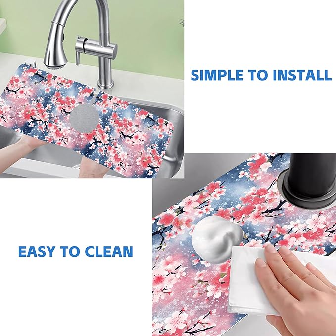 Japanese Pink Cherry Blossoms Dish Drying Mat for Kitchen Sink Splash Guard Behind Faucet Sink Mat Absorbent Fast Drying Faucet Draining Mat for Bathroom Kitchen 5.5"×15"