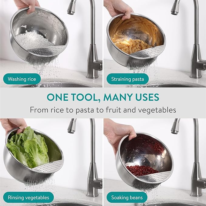 Navaris 22cm Stainless Steel Colander - Tiltable Sieve w/Front Strainer, Non-Slip Silicone Base - Metal Fruit Washer - Sieves and Strainers for Rice, Pasta, Food - Mint Green