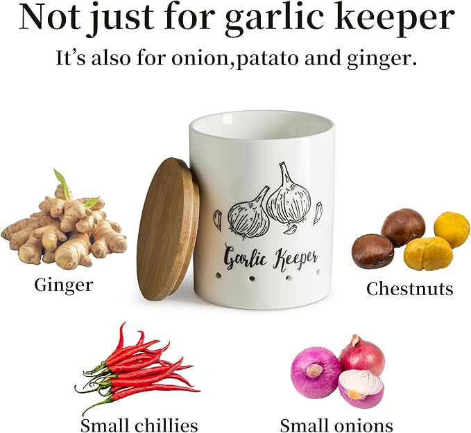LYEOBOH Garlic Keeper, Garlic Storage, Garlic Holder, Large Ceramic Garlic Keeper with Wooden Lid, Garlic Jar, Garlic Storage Container, White