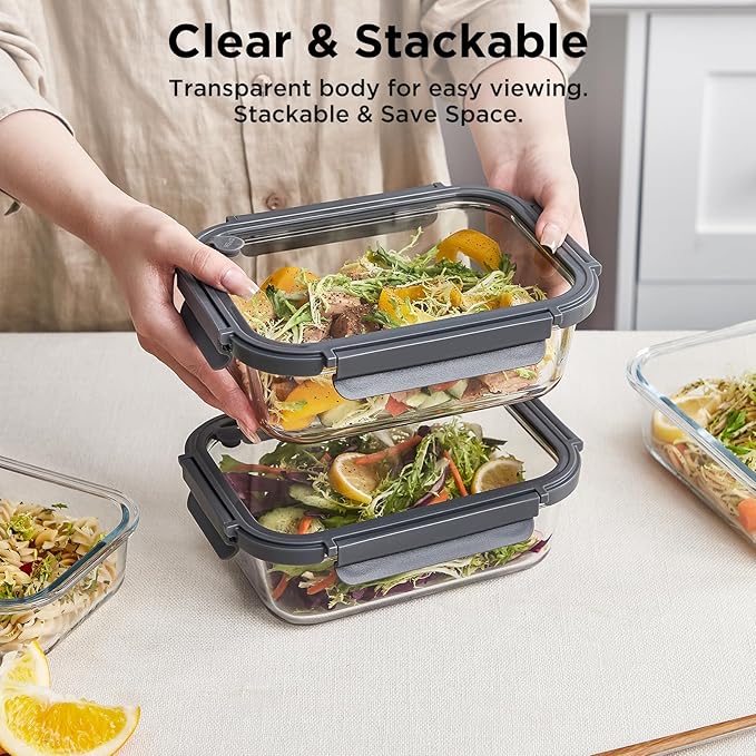 Spreccio Glass Food Storage Containers with Glass Lids, 4 Pack Meal Prep Container with Airtight Lids, Microwave Safe Food Container Set, BPA Free, LeakProof, Ideal for Lunch