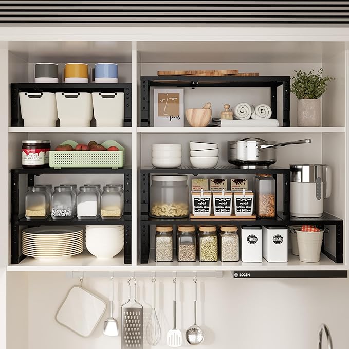 Zilvando Expandable Spice Rack & Kitchen Cabinet Organizer - Stackable, Adjustable Shelves for Cabinets, Countertops, Cupboards & Pantries(1 Pack/Large/Black)
