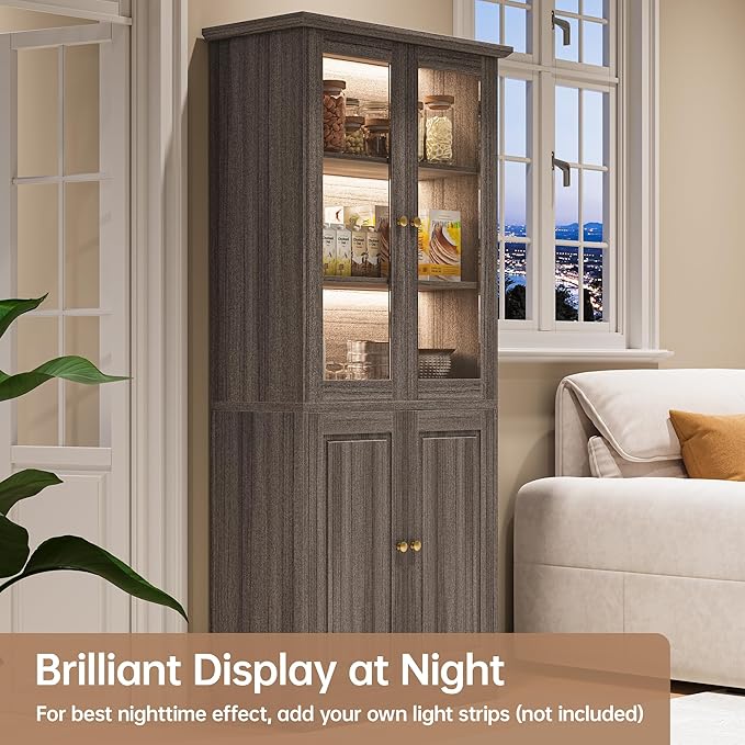 LotaTools 71" Kitchen Pantry Cabinet with Glass Doors, Modern Coffee Bar Storage Cabinet with Adjustable Shelves & Wooden Doors, Freestanding Cupboard for Dining Room or Living Room, Vintage Brown
