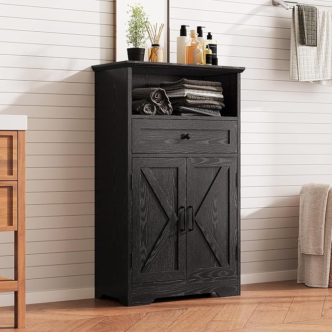 Viroformo Floor Cabinet, Farmhouse Storage Cabinet with Barn Doors and Drawer, 11.81" D x 23.62" W x 39.37" H Black Freestanding Adjustable Shelf Organizer for Bathroom, Kitchen, Living Room