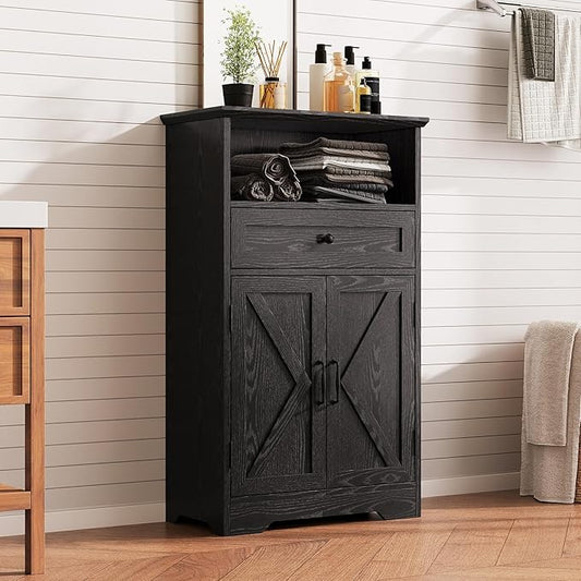 Viroformo Floor Cabinet, Farmhouse Storage Cabinet with Barn Doors and Drawer, 11.81" D x 23.62" W x 39.37" H Black Freestanding Adjustable Shelf Organizer for Bathroom, Kitchen, Living Room
