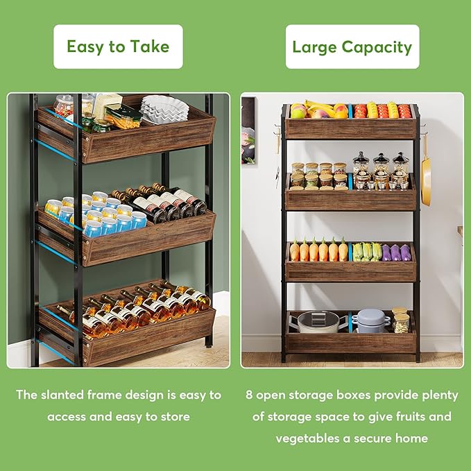 Tribesigns Wood Fruit and Vegetable Basket Stand Rack for Kitchen, Office, Store, Supremarket, Pantry Shelf Unit for Snacks, 4-Tier Wooden Utility Storage Shelves (Brown+Black)