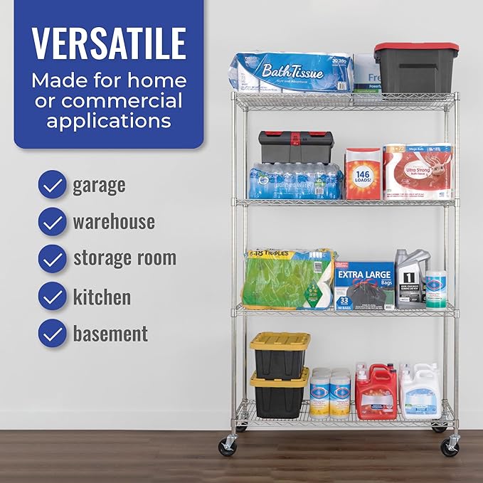 SafeRacks - NSF Certified Storage Shelves, Zinc, Heavy Duty Steel Wire Unit with Wheels and Adjustable Feet, Garage or Bakers Rack, Kitchen, Pantry Shelf - (18"x48"x72" 4-Tier) (Silver)