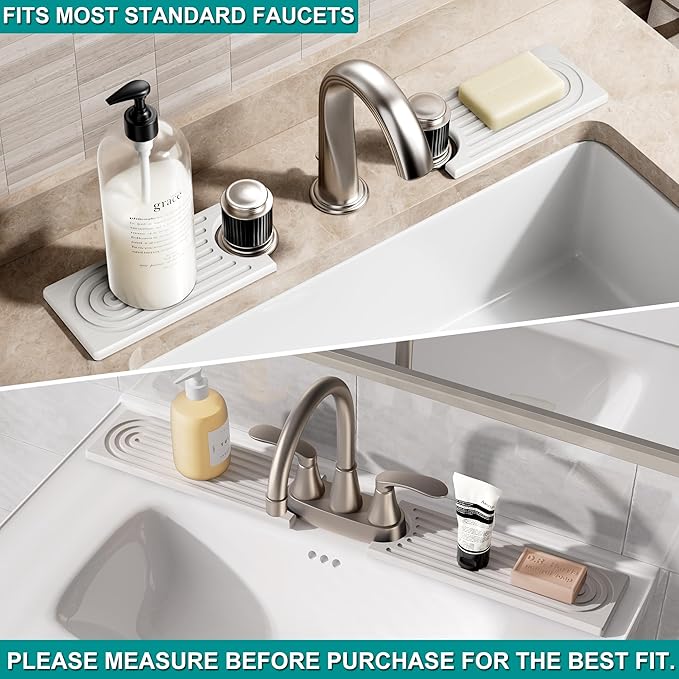 Stone Faucet Mat for Kitchen Sink - Quick Dry Diatomite Sink Splash Guard, Prevents Moisture Buildup & Water Stains, Water Absorbing Stone Tray for Bathroom Countertop (White, 30" x 4")