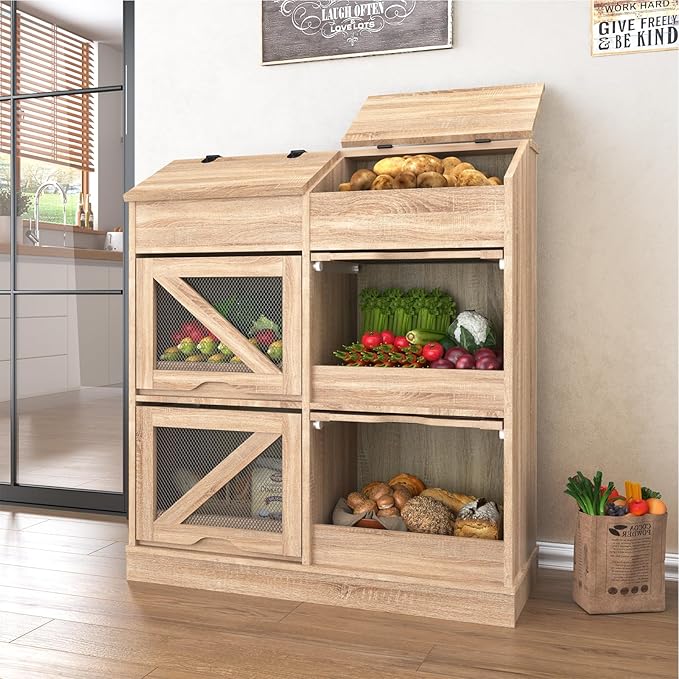 Potato Storage Bin Bread Box W/Lid,Rustic Onion&Fruit Organizer with Wood Hidden Door,Farmhouse Grocery Section Decorative,Vegetable Organization Cabinet W/Mesh Door for Kitchen Dining Room(Natural)