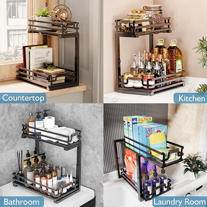 BXINREDA Under Sink Organizers, 2 Tier Slide Out Under Sink Organizers, Under Sink Storage for Bathroom Kitchen (1 Pack)