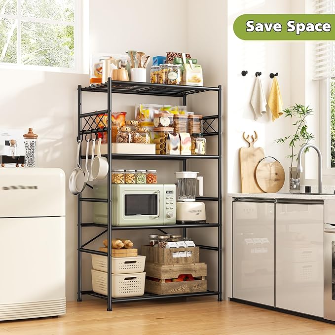 Storage Shelves 4 Tier Shelf Organizer,Metaling Shelving with Hooks,Heavy Duty Garage Shelves Unit with Leveling Feet,Wire Shelving for Pantry,Kitchen and Closet,23.6" W x 13.8" D x 60.4" H