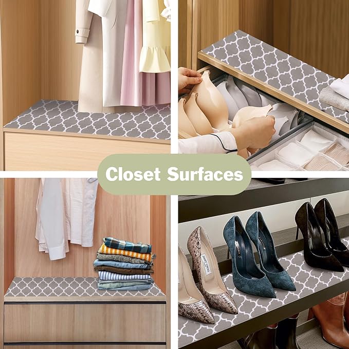 Drawer and Shelf Liner for Kitchen Cabinet: 17 in X 20 Ft Non Slip Waterproof Shelf Paper Non Adhesive Refrigerator Liners Gray Quatrefoil Easy Liners for Bathroom Cupboard with Knife Tape Measure