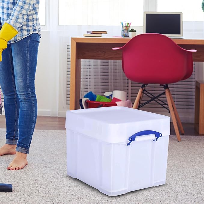 Really Useful Box 35 Liter Extra Strong Plastic Storage Box with XL Snap Lid and Clip Lock Handle for Lidded Home and Item Storage Bin, 2 Pack, White