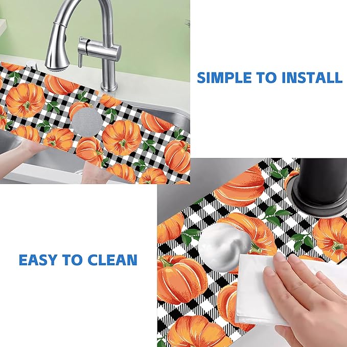 Thanksgiving Pumpkin Kitchen Sink Splash Guard Mat Buffalo Plaid Absorbent Fast Drying Mat Faucet Draining Mat Sink Splash Guard Behind Faucet Drip Catcher for Kitchen Bathroom 5.5"×24"
