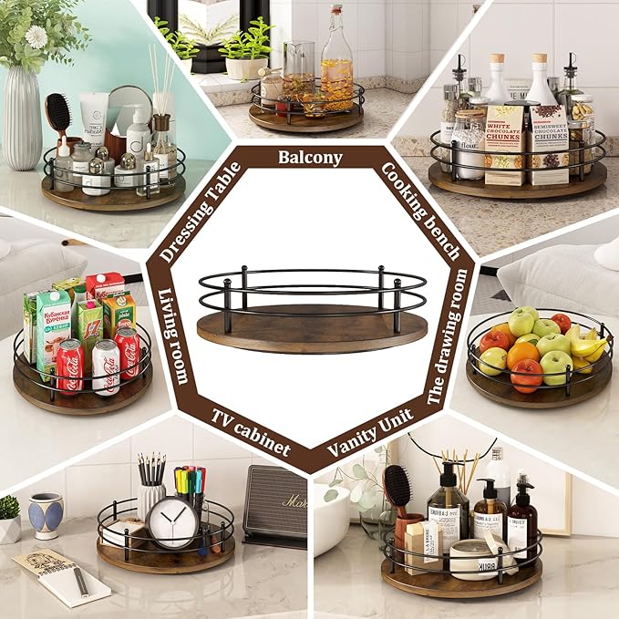 LIAISIMI 12" Lazy Susan Turntable Organizer,Round Wooden Lazy Susan Organization and Rotating Spice Rack for Dining Table,Pantry,Kitchen Countertop,Vanity,Cupboard and More. (Heightened Version,Round)