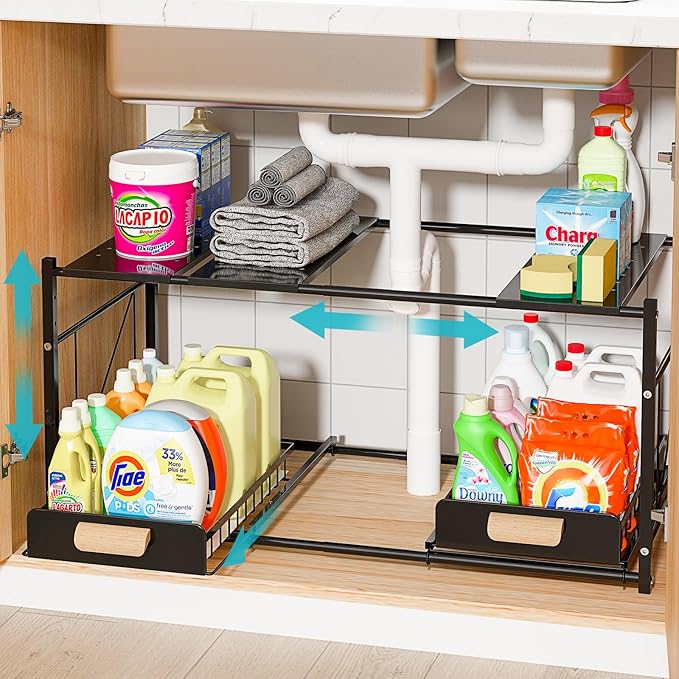 REALINN Extendable Under Sink Organizer, 2 Tier Expandable Under Cabinet Organizer Shelf with Height Adjustable, Retractable Cabinet Storage, Black