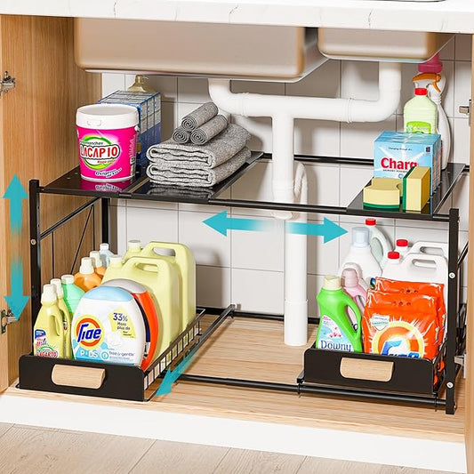REALINN Extendable Under Sink Organizer, 2 Tier Expandable Under Cabinet Organizer Shelf with Height Adjustable, Retractable Cabinet Storage, Black