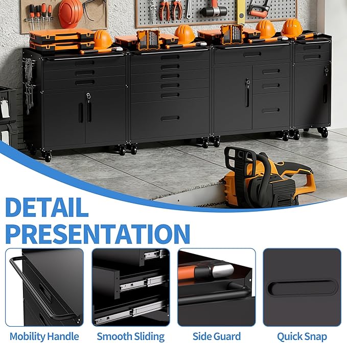 BIZOEIRON Metal Garage Storage Cabinet with Wheels, Rolling Tool Cabinet with 6 Drawers, Heavy Duty Tool Cabinet with Workbench, Assembly Required, Black