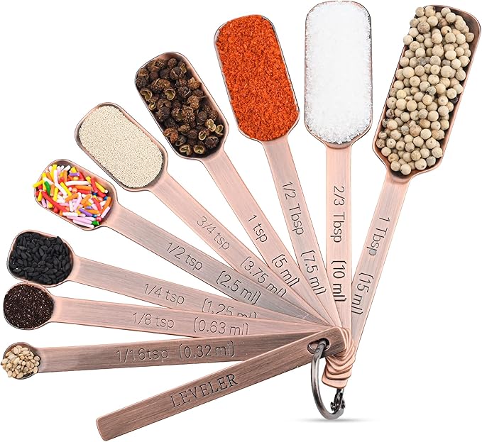 zoyizi Copper Measuring Cups and Spoons Set 17, 7 Stainless Steel Measuring Cups&9 Long Hanlde Narrow Measuring Spoons for Spice Jar&Leveler, Kitchen Metric&US Measure Cup Spoons for Dry and Liquid