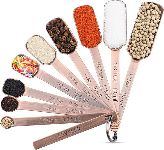 zoyizi Copper Measuring Spoons Set 10, Stainless Steel Measuring Spoons for Kitchen & Baking, Long Handle Metric & US Metal Measure Spoon with 1/16tsp, 3/3tsp, 2/3tbsp for Spice Jar