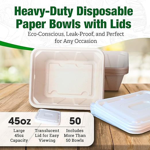 TOPtoper 50 Pack 45 Oz Large Paper Bowls with Lids, Heavy Duty Compostable Paper Bowls for Party, Disposable Bowls Bulk Leakproof and Microwave Safe for Hot/Cold Use (45 OZ)