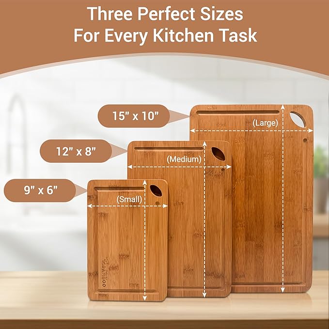 Carbonized Bamboo Cutting Board Gift Set for Kitchen – Set of 3 Wooden Cutting Boards with Deep Juice Grooves, Durable Knife-Safe Chopping Boards for Meat, Vegetables & Bread, Eco-Friendly Board Set