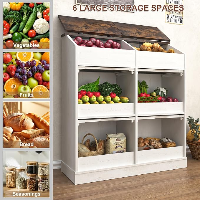 Potato Storage Bin Bread Box with Lid,Rustic Onion&Fruit Organizer with Wood Hidden Door,Farmhouse Grocery Section Decorative,Vegetable Organization Cabinet W/Mesh Door for Kitchen Dining Room(White)