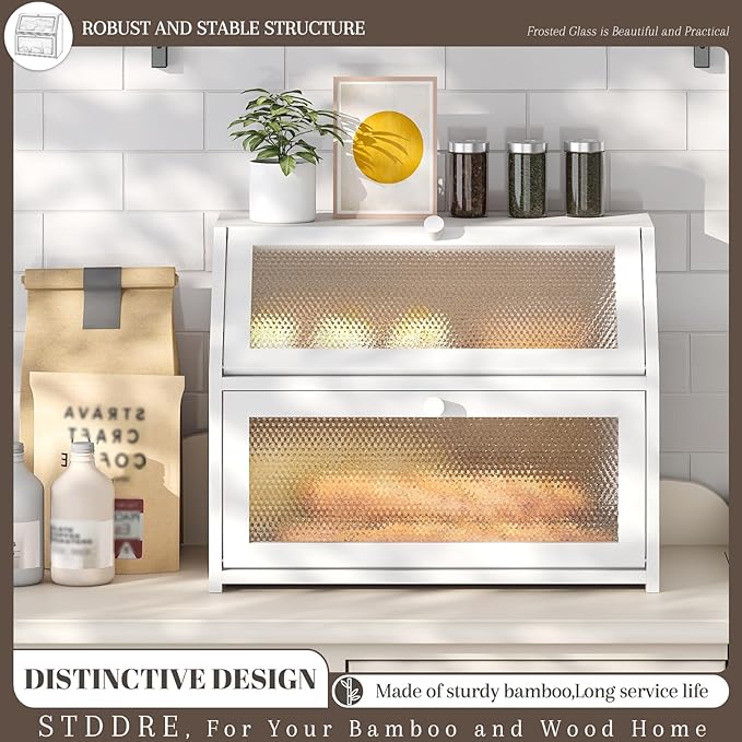 STDDRE Bread Box for Kitchen Countertop Bin Double Layer Bread Box Storage Container Extra Large Capacity Farmhouse with Diamond Pattern Windows (White, Large)