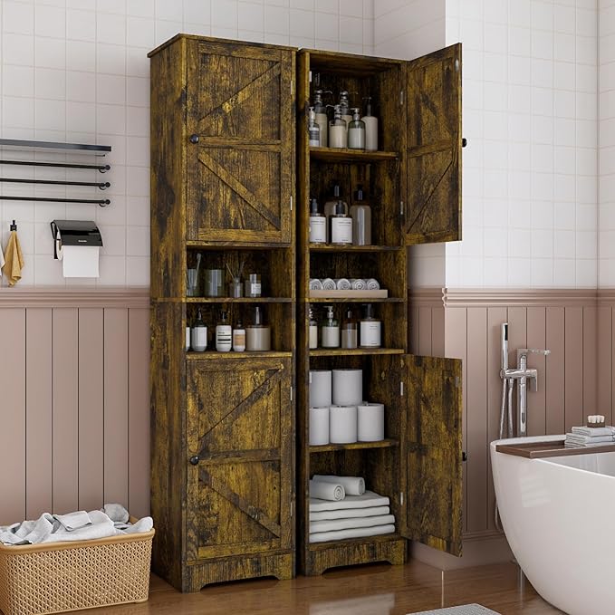 Viaozutis Tall Bathroom Storage Cabinet, Vertical Freestanding Organizer with Adjustable Shelf, Slim Design for Small Bathrooms, Towels & Toiletries Storage Retro Colors