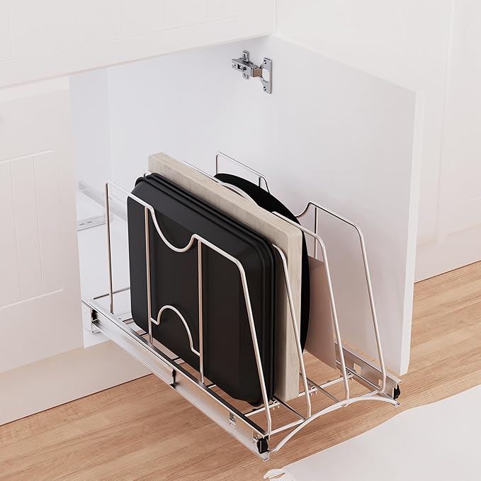 Pull Out Cookie Sheet Organizer for Cabinet, Pan and Pot, Cutting Board, Bakeware, Tray Organizer Rack, Sliding Rack- Heavy Duty, Adjustable Divider Width, 10" W x 22" D x 11" H, Chrome