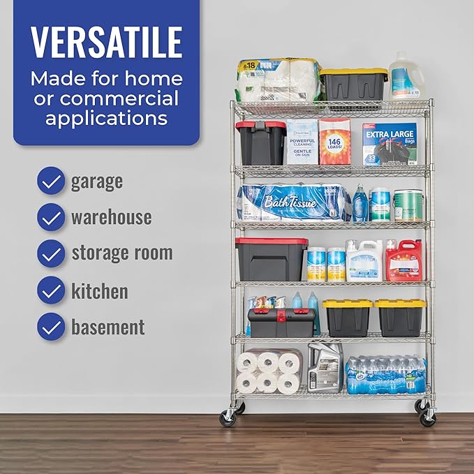 SafeRacks - NSF Certified Storage Shelves, Zinc, Heavy Duty Steel Wire Unit with Wheels and Adjustable Feet, Garage or Bakers Rack, Kitchen, Pantry Shelf - (18"x48"x72" 6-Tier) (Silver)