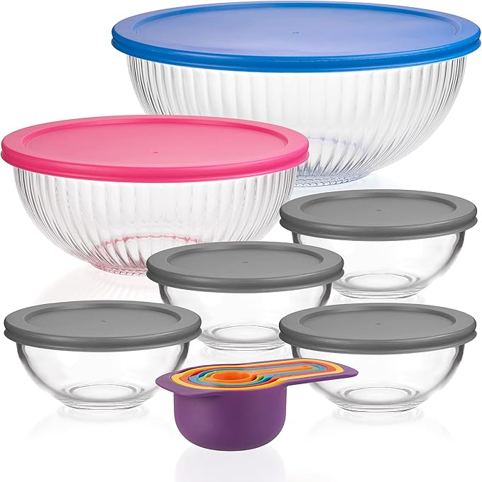 dokaworld Set of 6 Stackable Space-Saving Nesting Glass Bowls with BPA Free Lids for Foodprep, Storage, Baking, Mixing & Cooking, Microwave Safe - Durable Inert Borosilicate Glass