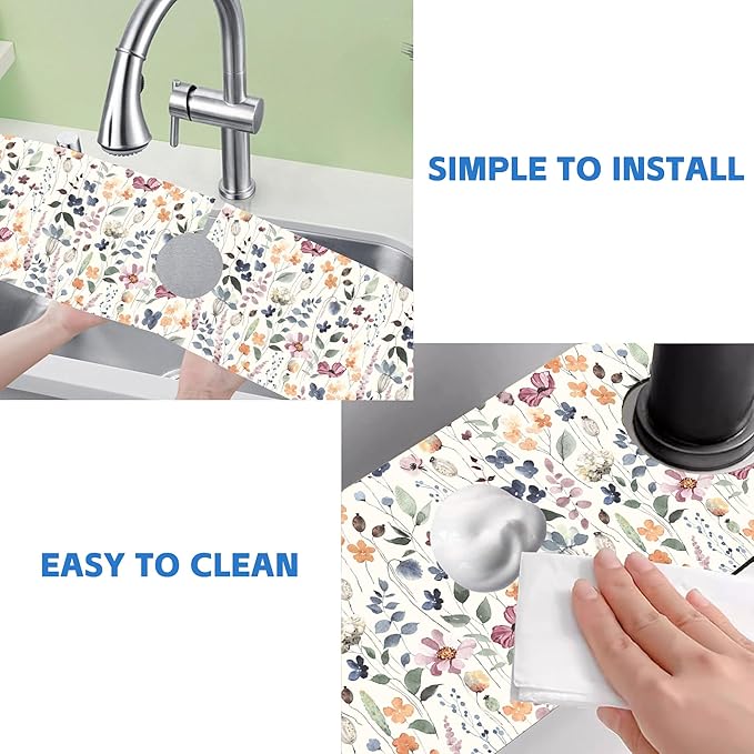 Vintage Watercolor Floral Kitchen Sink Splash Guard Mat Absorbent Fast Drying Mat Faucet Draining Mat Sink Splash Guard Behind Faucet Drip Catcher for Kitchen Bathroom 5.5"×24"
