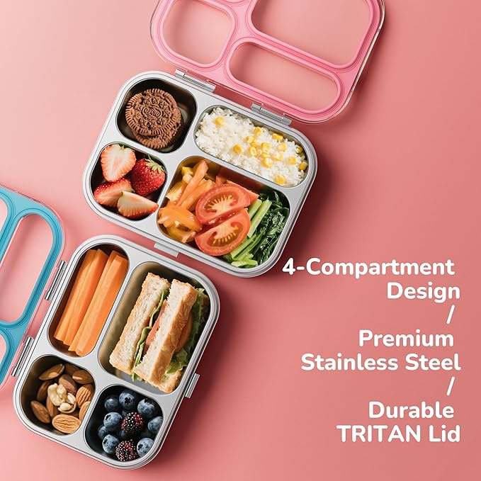 G.a HOMEFAVOR Stainless Steel Lunch Box - 4 Compartments Bento Box for Kids, Leakproof Metal Food Container for School, Office, Dishwasher Safe, Shatterproof, 27 oz, Pink
