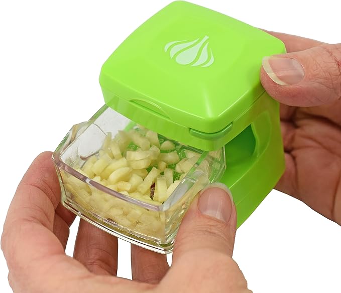 Kitchen Innovations Garlic-A-Peel Garlic Press, Crusher, Cutter, Mincer, and Storage Container - Includes Silicone Garlic Peeler - Easy to Clean - Stainless Steel Blades – (Green), standard