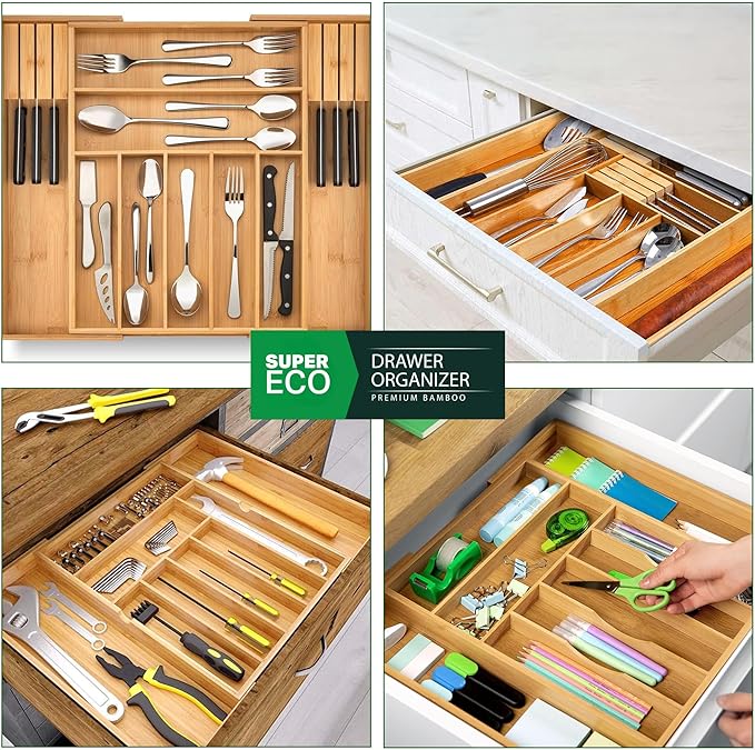 SUPER ECO Bamboo Kitchen Drawer Organizer - Bamboo Expandable Drawer Organizer Utensil Holder & Cutlery Tray - Adjustable Wood Drawer Dividers Organizer for Silverware, Flatware, Knives (9 Slot)