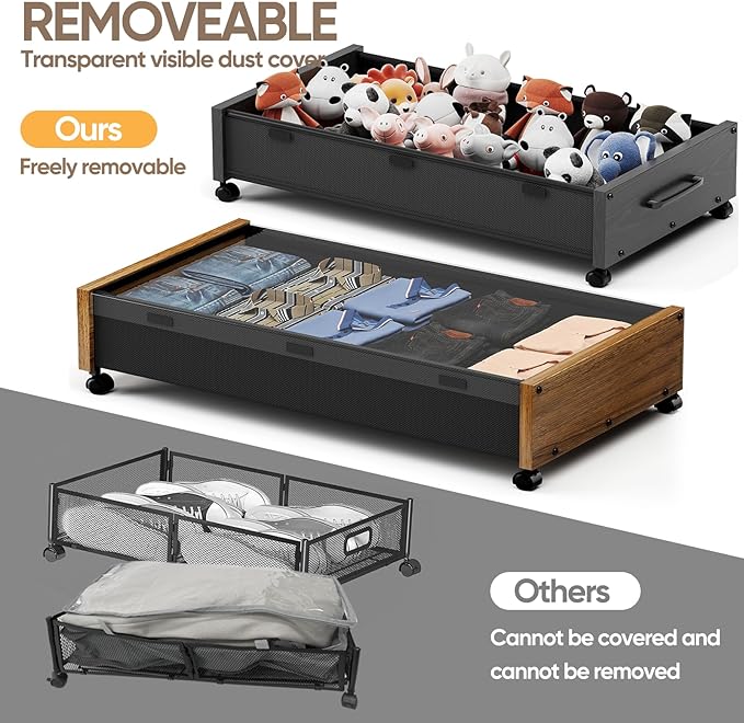 KITHELP Wooden Under Bed Storage with Wheels, 80L Extra-large Rolling Under the Bed Storage Bins 2 Pack with Removable Lid, Upgrade Metal Under Bed Drawers for Clothes Shoes Blankets in Bedroom