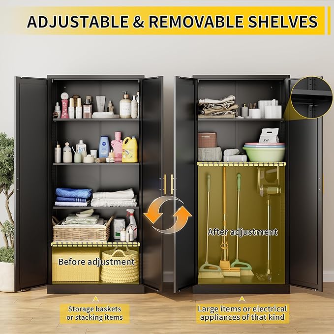 Metal Kitchen Pantry Cabinet, 71"Tall Cabinet with 2 Doors and 4 Adjustable Shelves, Pantry Cabinets for Kitchen Storage, Metal Storage Cabinet for Kitchen, Dining Room, Living Room and Bathroom-Black