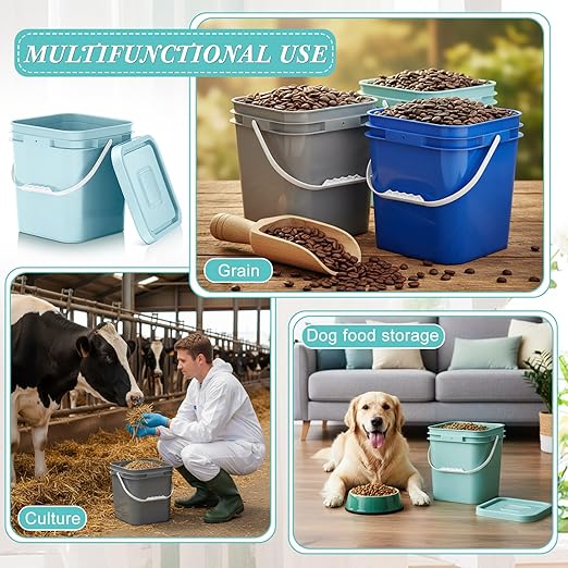 Mumufy 3 Pcs 3.5 Gallon Square Food Grade Bucket with Lid Square Bucket Pail with Plastic Handles for Storing Dry Food, Charcoal, Camping, Fishing (Aqua,Gray,Blue)