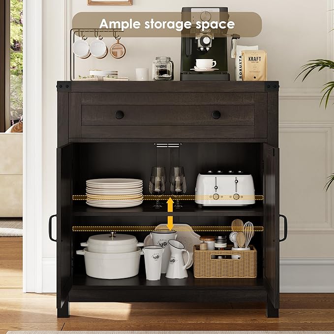 HOSTACK Coffee Bar Cabinet, Kitchen Storage Cabinet, Modern Farmhouse Buffet Sideboard with Drawer and Adjustable Shelf, Barn Door Accent Cabinets for Kitchen, Dining Room, Entryway, Dark Brown