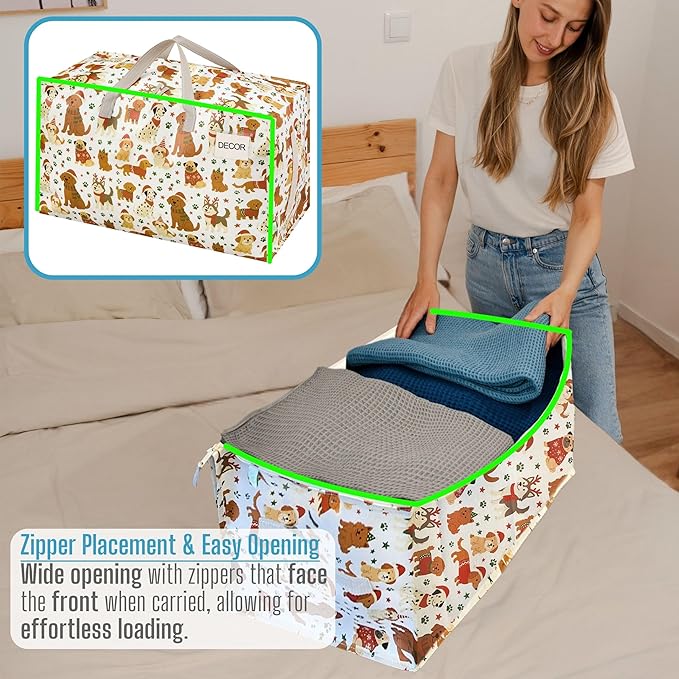 VENO 4 Pack Moving Bags and Large Christmas Decoration Storage Bins with lids. Alternative to Moving Boxes, Packing Supplies for College. Heavy Duty Totes (Holiday Pups, 4 Pack)